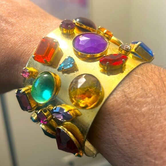 Multicolor Gemstone Gold Cuff Bracelet - Picture 1 of 6